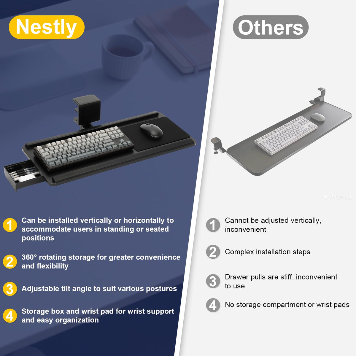 Upgraded Adjustable Keyboard Tray with Drawer for Above Desk & Under Desk Use, 25"×10.6" Ergonomic 360° Rotating Keyboard Stand with Wrist Rest, Clamp On Keyboard Platform for Office Gaming Studying