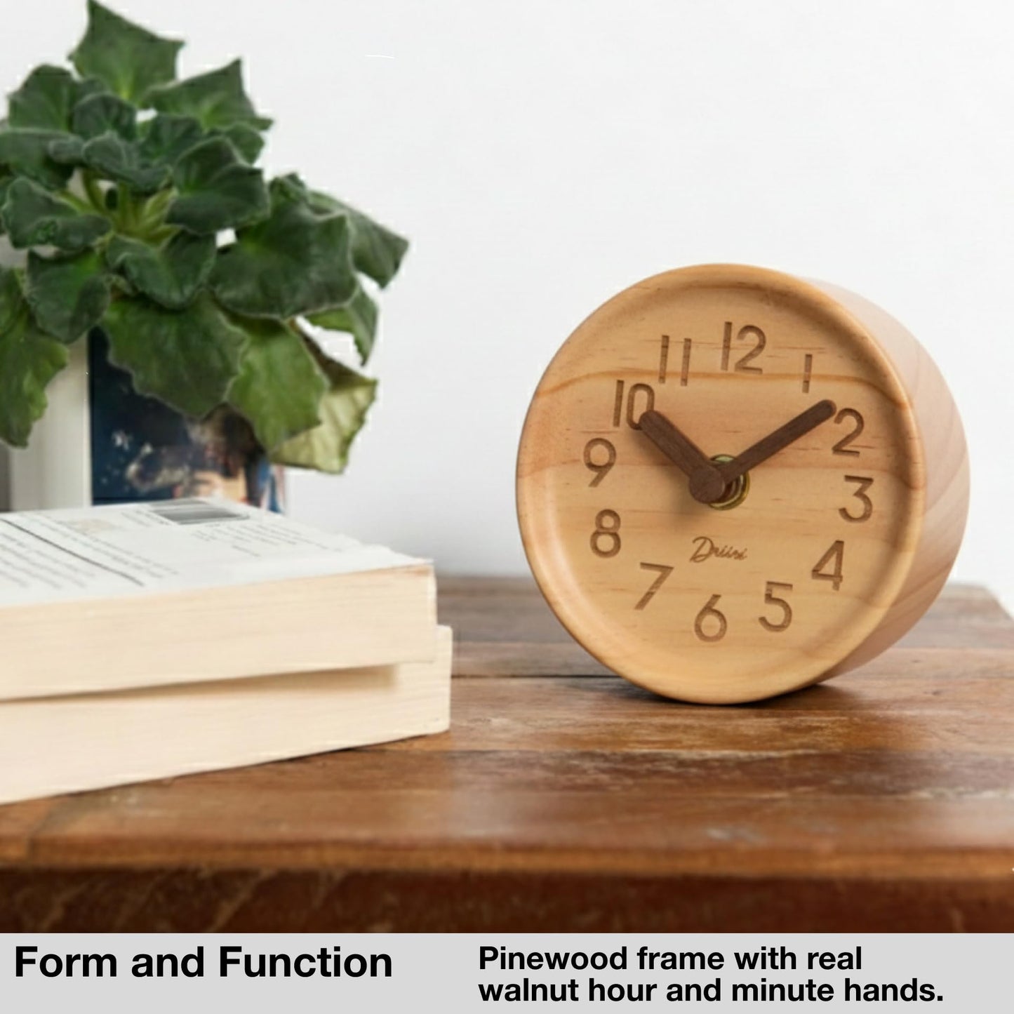 Driini Wooden Analog Desktop Clock – 4.3 in. Decorative Pinewood, No-Tick Design – Easy to Read Silent Sweep Mantle Clock – Quiet Tabletop Clocks with Wood Body, Hands, & Battery Cover; Light
