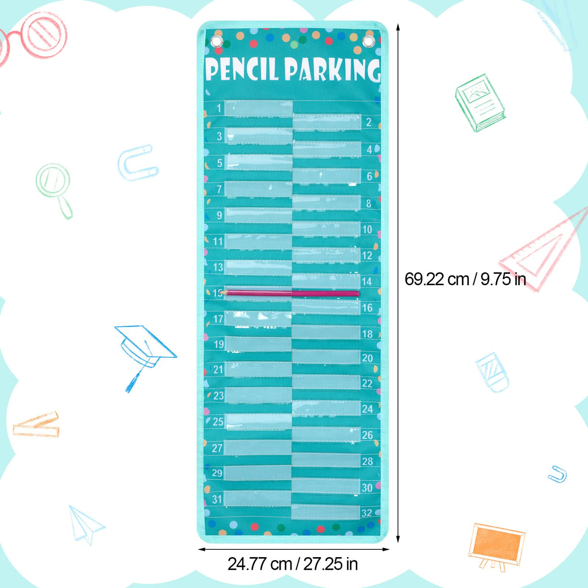 Sabary Pencil Parking Pocket Chart Pencil Dispenser Organizer Holder Nylon Fabric with Grommets and Magnetic Strip for Kids Teachers Classroom School Storage Supplies(Bright)