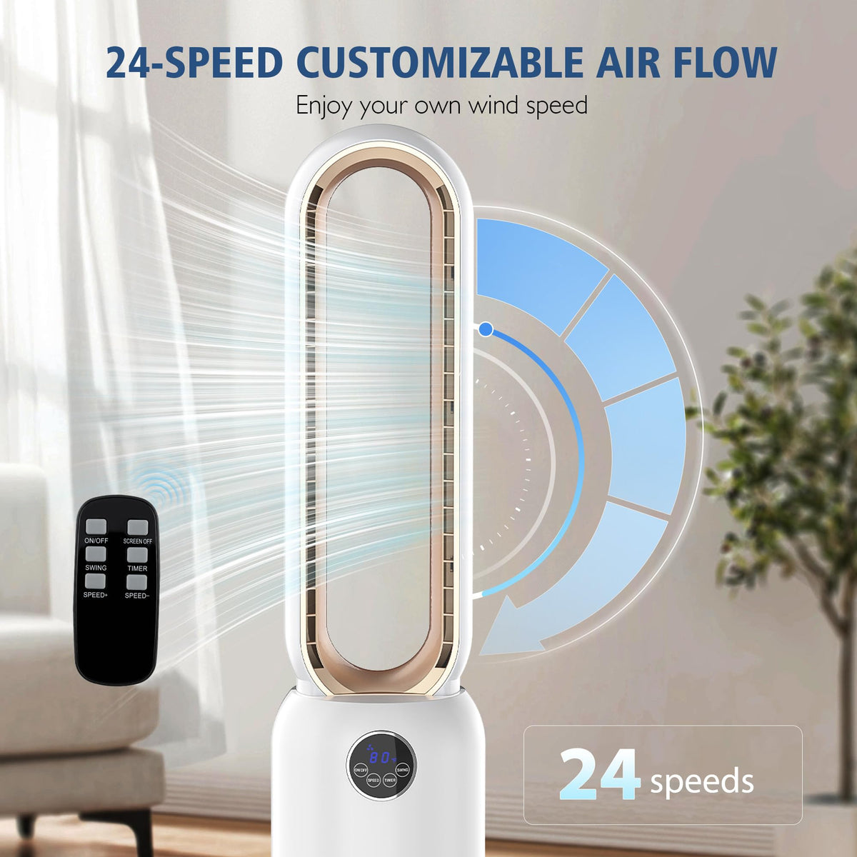 MOMOKOVA Bladeless Tower Fan for Bedroom, Powerful 26ft/s Airflow, 24 Speeds, 90° Oscillation, 12H Timer, Standing Fans with Remote, Quiet Bladeless Cooling Fan for Home Office Room, White Gold