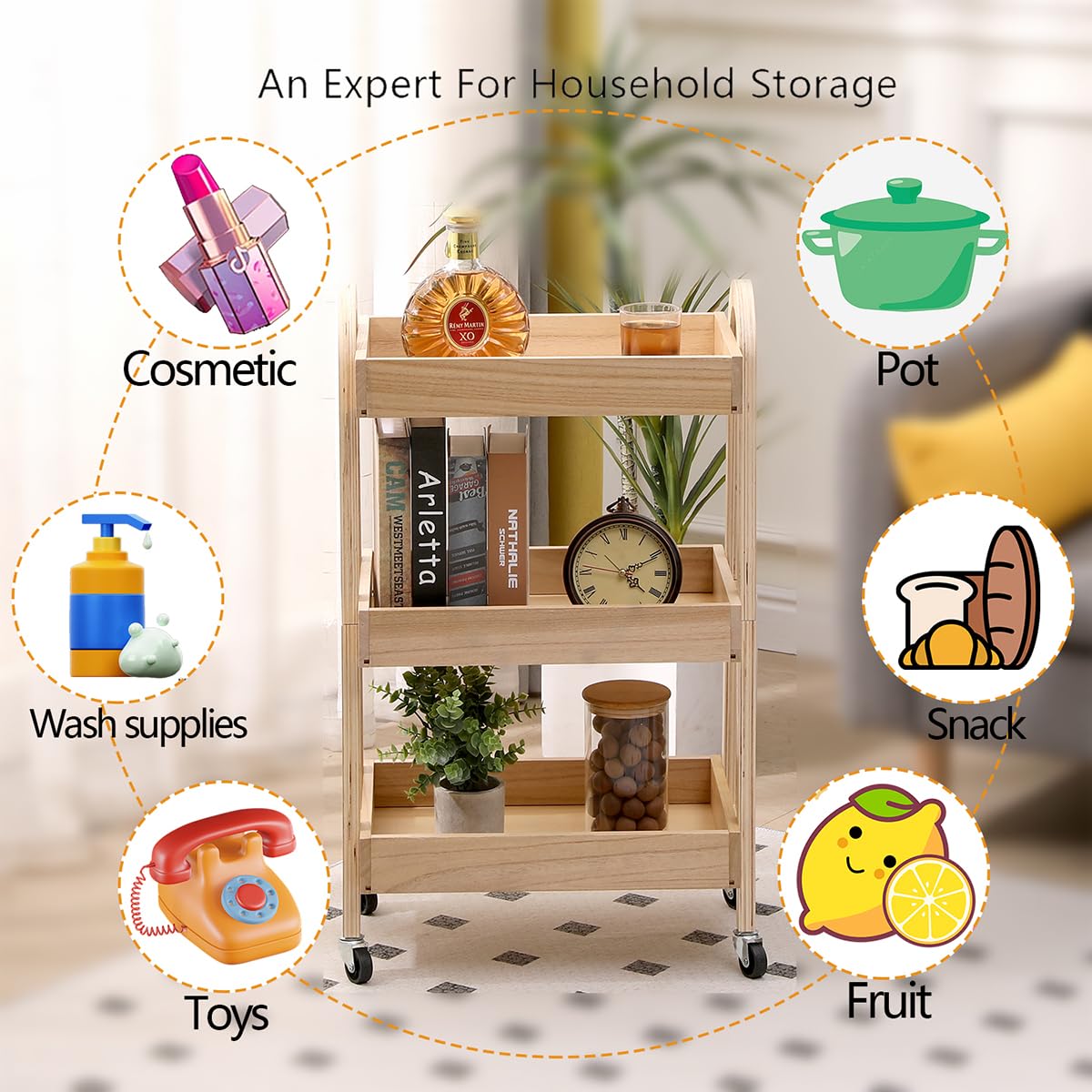 3-Tier Wooden Rolling Cart- Wooden Utility Cart wit Wheels- Utility Rolling Cart-Storage Trolley Organizer- Rolling Kitchen Cart Serving Cart for Office,Kitchen, Kids' Room (natural wood color)