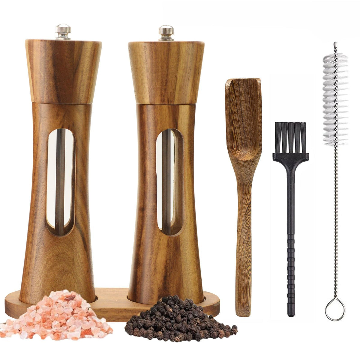 2 Pack Wooden Salt and Pepper Grinder Set — 8 Inch Refillable Salt and Pepper Shakers — Manual Spice Mills with Clear View Window — Ceramic Grinder, Adjustable Coarseness