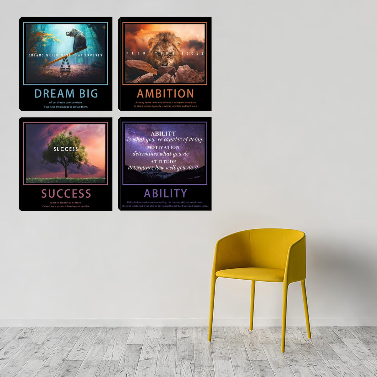 Motivational Wall Decor Art Office Wall Decor Inspirational Wall Art Success Canvas Paintings Quotes Posters Wall Picture 4 Pieces Framed Artwork Living Room Bedroom Home Decoration 20"x20"x4pcs