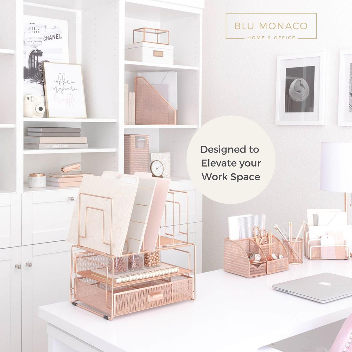 BLU MONACO | Rose Gold Desk Organizer with Drawer | Metal Desk Organizer with File Sorters and Storage Compartments | Office Desk Organizer for Paper Folders and Supplies