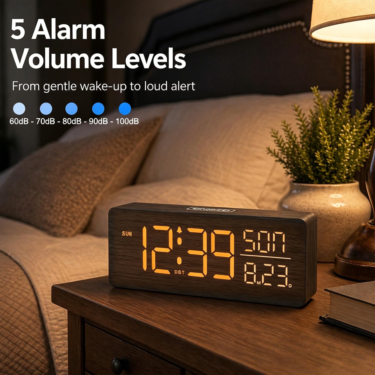Peakeep Wooden Digital Alarm Clock Large Display, Textured Desk Table Decoration for Bedroom, Living Room, Plug in Clock with Time Date Day, 5 Brightness, Auto DST