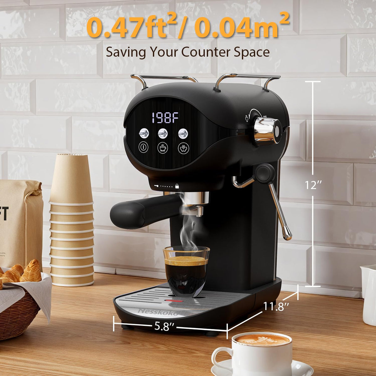 Nesskoko Espresso Machine with Steam Milk Frother Semi Automatic 20 Bar Compact Black with Toggle Switch for home Cafetera Espresso, Latte, Cappuccino, Americano, Macchiato