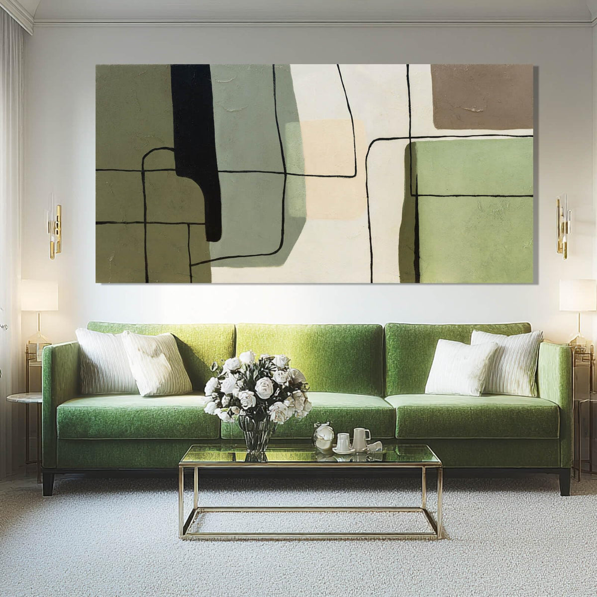 ZENPEE Green Modern Wall Art and White Canvas Art, Large Abstract Wall Art for Office, Dining Room, Bedroom, or Living Room, 29" x 58"
