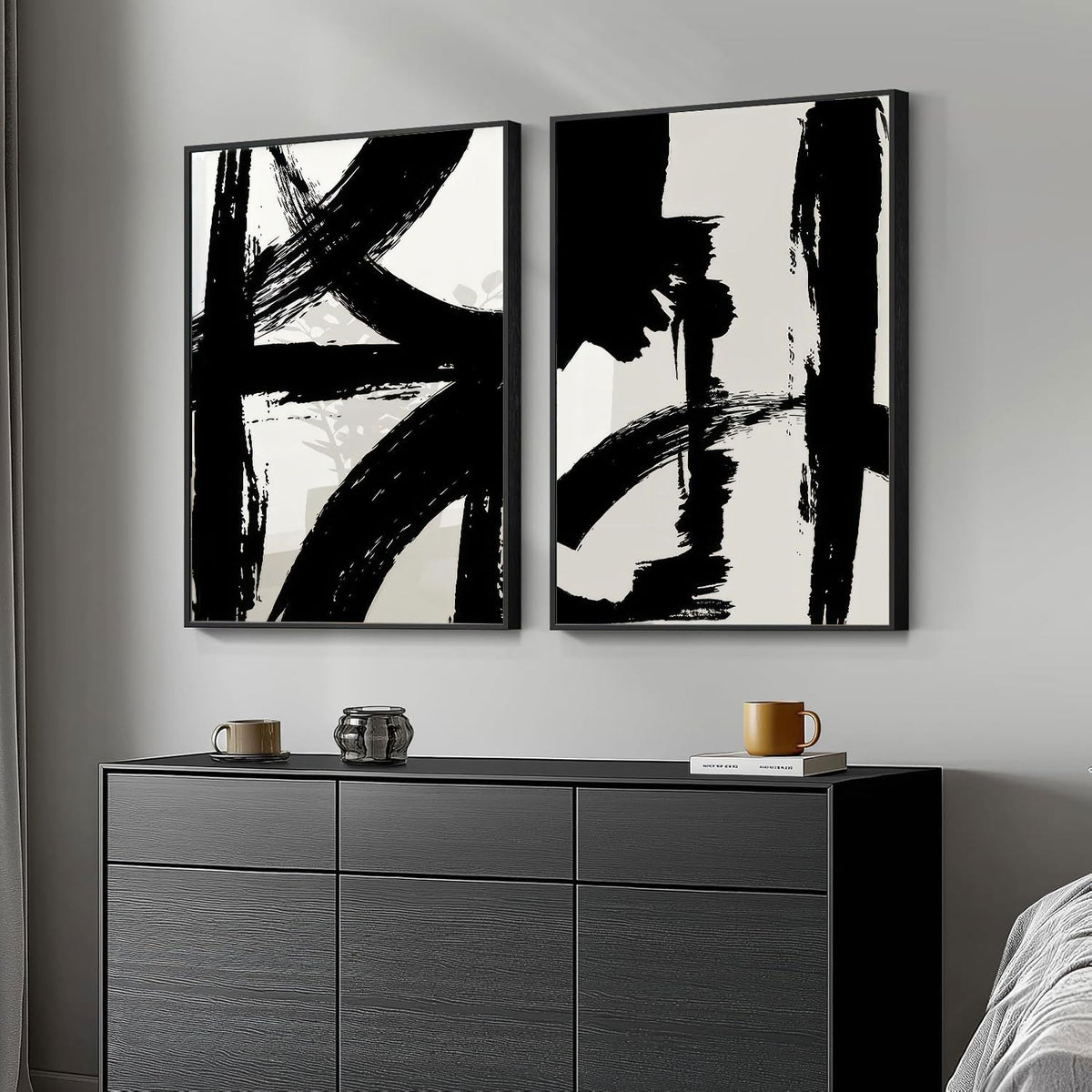 Set of 2 Framed Black and White Brush Stroke Canvas Wall Art Modern Abstract Minimalist Ink Line Painting Retro Mid-Century Geometric Poster Prints for Office Home Decor (12inx16in Framed)