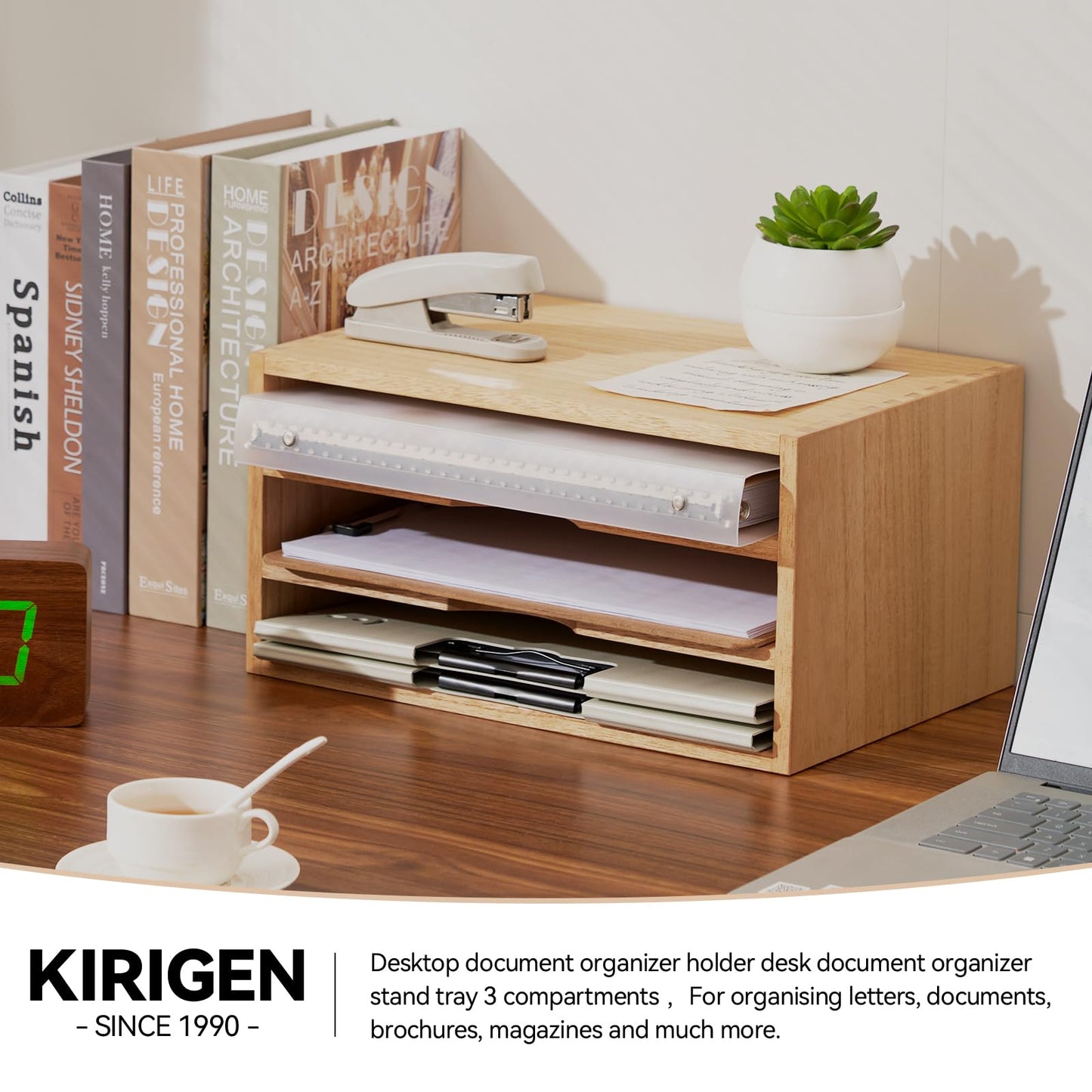 KIRIGEN Wooden Desktop Organizer Paper Storage Letter Tray File Sorter - Desk Rack Magazine File Dividers Holders for Home Office Accessories Wood Desk Cabinet with 3 Layer Trays Natural(3KWJG-NA)