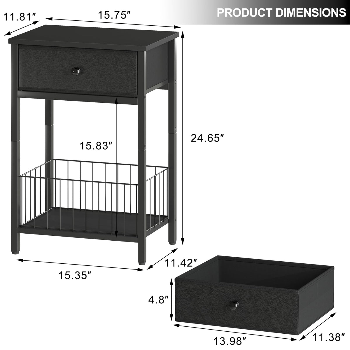 VAFEKOL Nightstand with PU Leather Front Drawer, 3-Tier End Table with Bottom Mesh Basket, Industrial Bedside Table for Small Spaces, Black