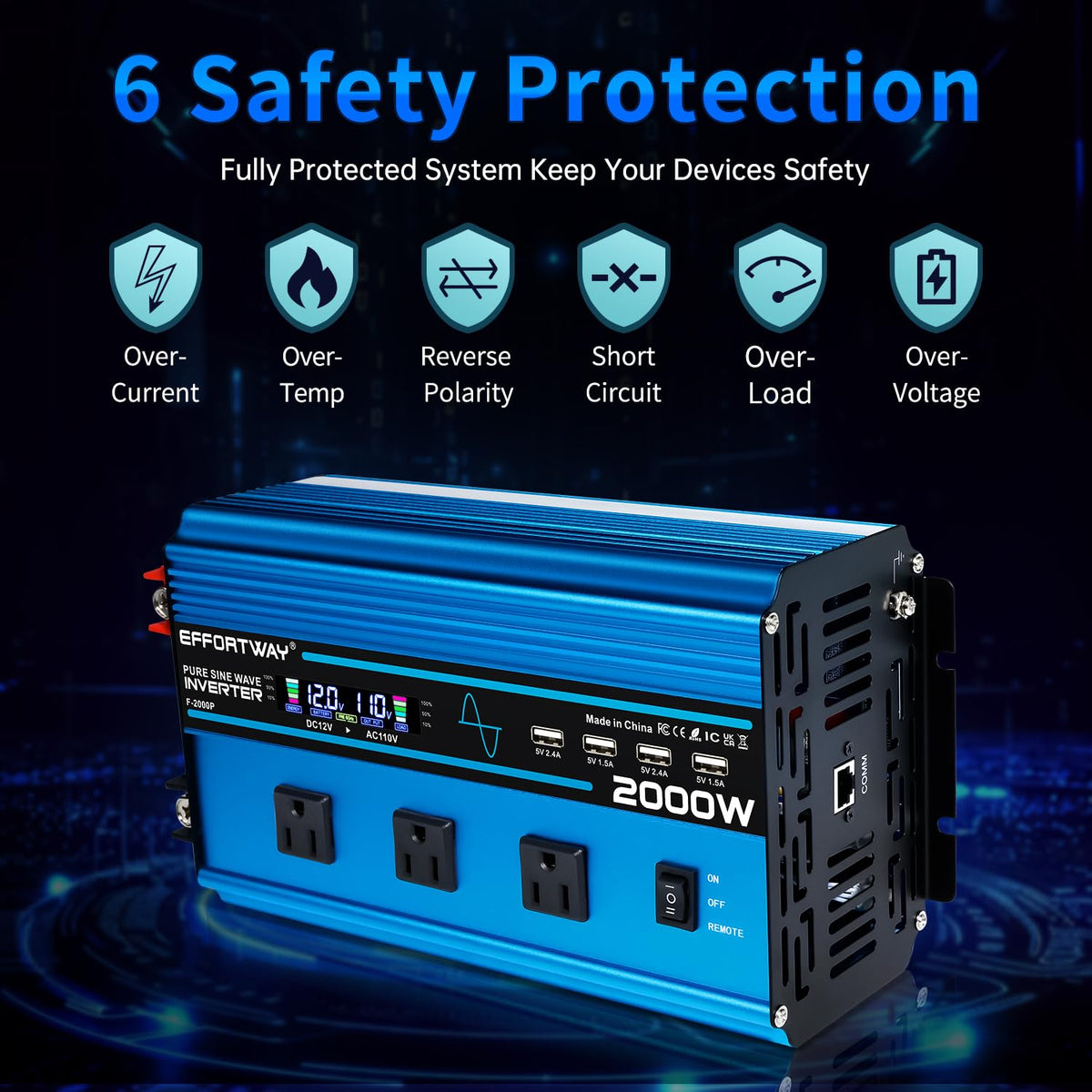 2000W Pure sine Wave Inverter 4000W (Peak) DC 12V to AC 110V/120V Converter with LCD Display Wireless/Wired Remote Control 3AC Outlets and 4USB for Camping RV Travel Off-Grid Solar Systems