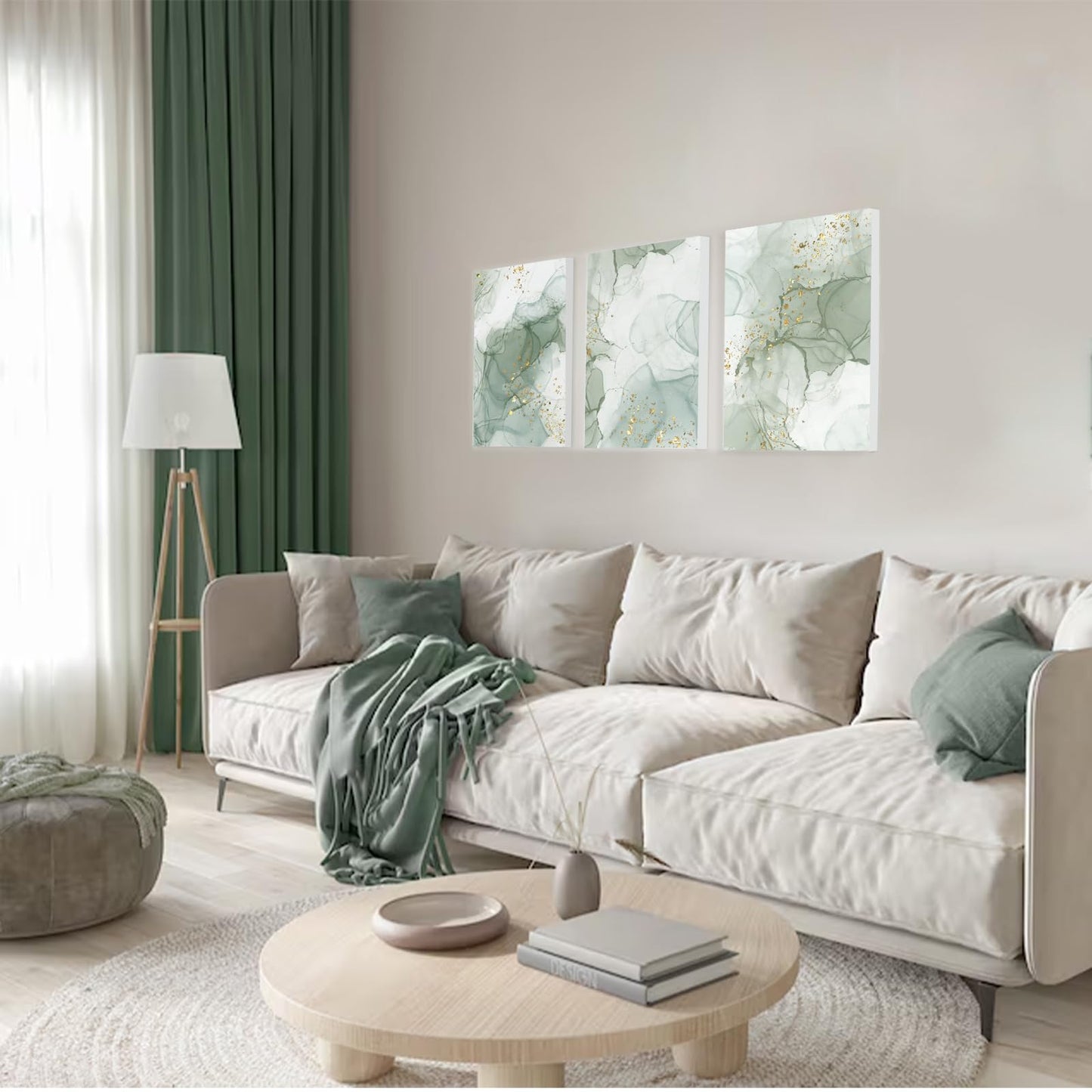 Sage Green Wall Art Set of 3,Abstract Green Wall Decor Living Room,Minimalist Modern Framed Wall Art Marble Line Beige Gold Green Canvas Artwork Paintings,Boho Room Decor,Bedroom Bathroom Office Artwork,12"x16"
