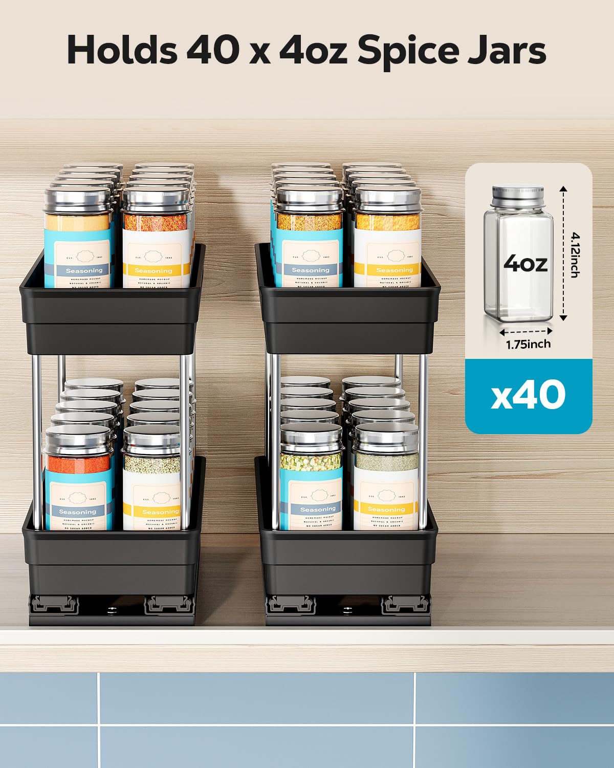 Nieifi Spice Organization for Cabinet-Vertical Spice Rack Pull Out-Spice Rack Organizer for Cabinet-4-1/3 inch Wide-Seasoning Kitchen Organizer-4.3" W x 10.6" D x 8.7" H-2 Pack-2 Tier