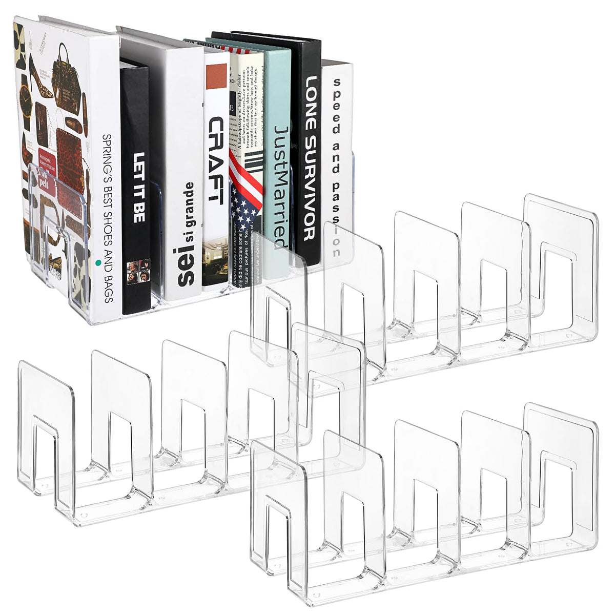 Lemecima 4 Pack Acrylic File Sorter, 4-Section Clear Desktop File Folder Holder Organizer, Thick Office Storage Stand Rack for Book, Envelopes, Mail, Document, Notebook, Binder, Purse, Clutch Divider