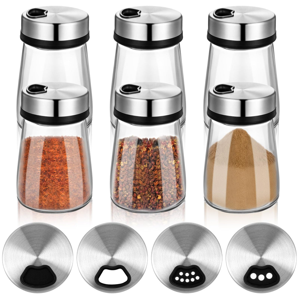 6 Pcs Salt Pepper Shakers Set with Adjustable Pour Holes Stainless Steel Spice Dispenser 6oz Clear Glass Seasoning Containers for Kitchen Restaurant Home BBQ Camping Farmhouse Accessories ﻿
