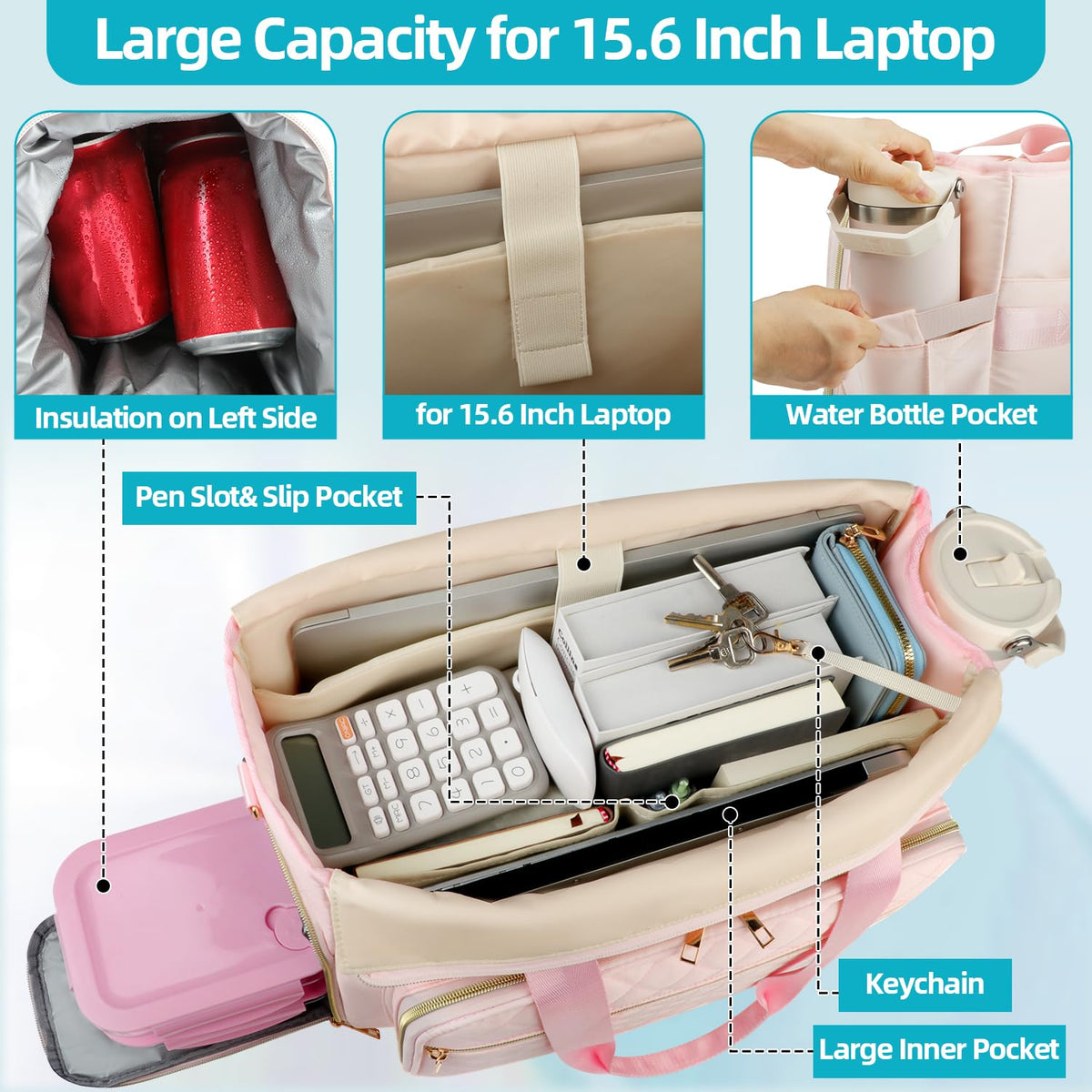 ahzske Lunch Work Tote Bag for Women with Accordion File Organizer Pocket, 3 in 1 Daily Tote Bag with Insulated Lunch Compartment& 15.6 Inch Laptop Compartment for Business Teacher Nurse (Pink)