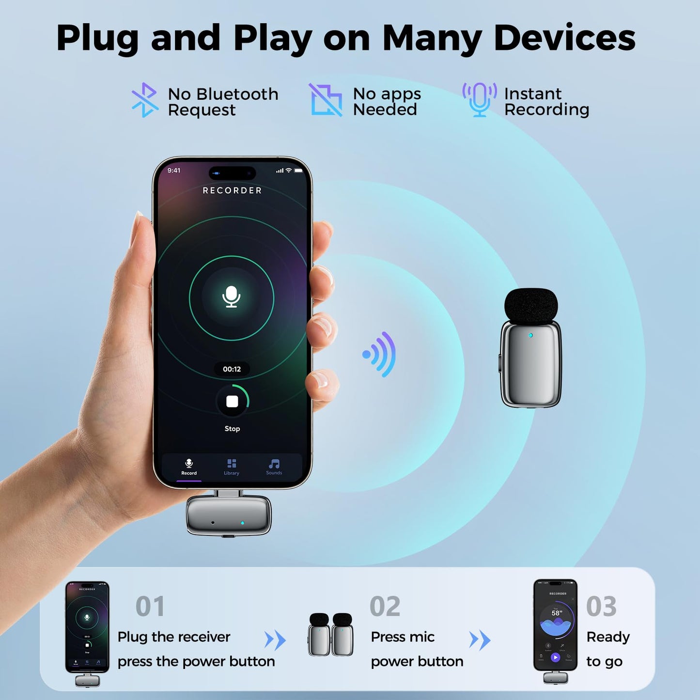 ZealSound Mini Wireless Lavalier Microphone for iPhone iPad Android, Dual Channel Wireless Microphones with Noise Cancellation, Mute & Volume Control, 33H Battery Case, USB-C & Lightning Plug & Play