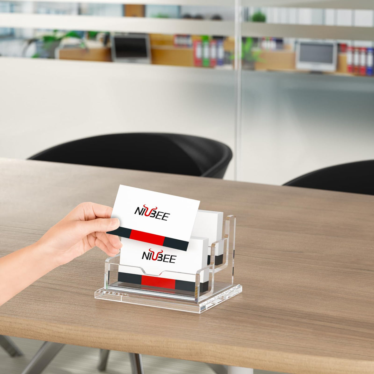 NIUBEE Clear Business Card Holder 2 Tier Acrylic Business Card Stand, 2 Slots Business Card Display for Desk Counter, 150 Card Capacity, 1 Pack
