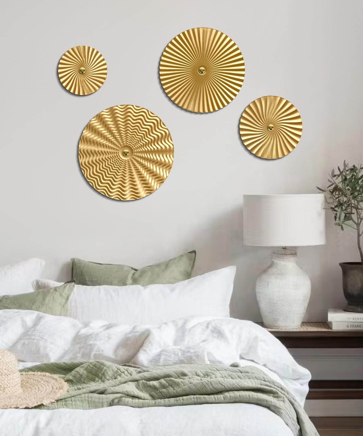 Putuo Decor 12" Starburst Metal Wall Art Set of 4, Round Ripple Hanging Sculptures in Varying Sizes, Textured Iron Wall Accents for Modern Living Room, Bedroom, Entryway or Office