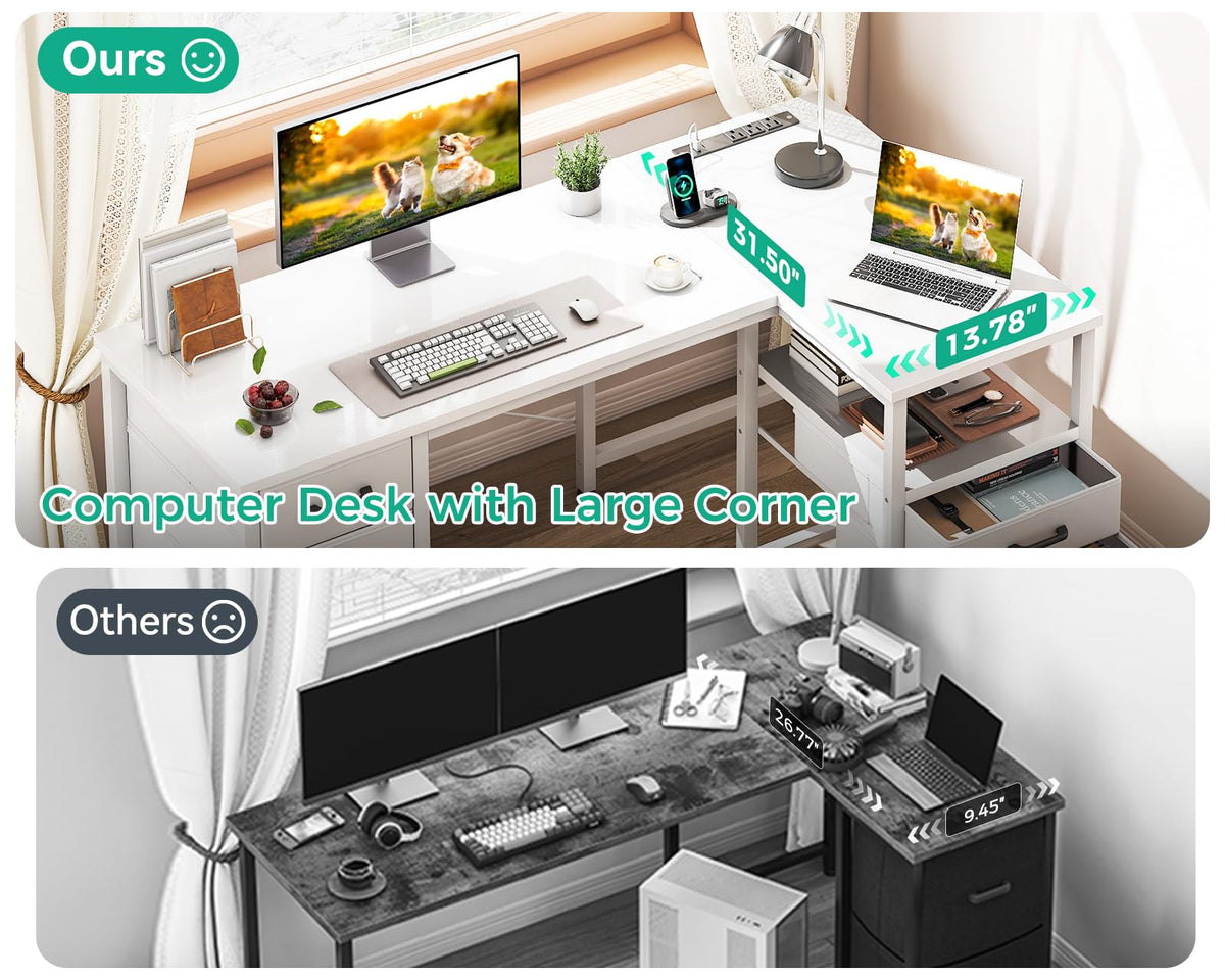 Coleshome L Shaped Computer Desk with 6 Drawers & Power Outlet, 55 Inch Corner Desk with Reversible Storage Shelf & File Drawer, Home Office Desk, White