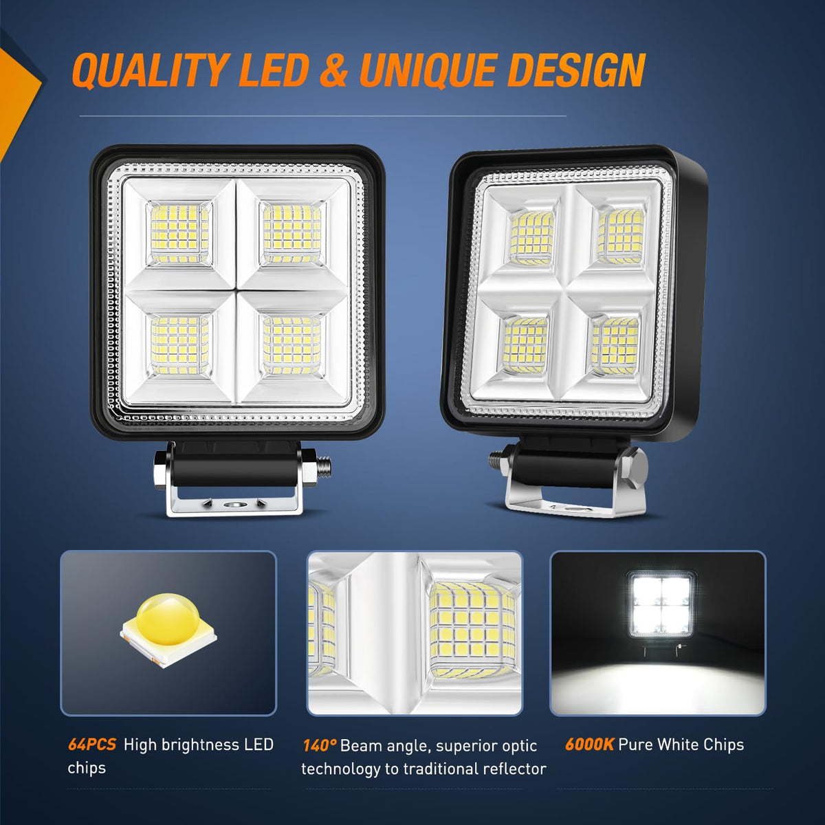 Nilight LED Tractor Lights LED Pods Square 2PCS 4 Inch 64LEDs Flood Bar Fog Driving Work Lighting for Truck Off Road Vehicles ATV UTV Boat