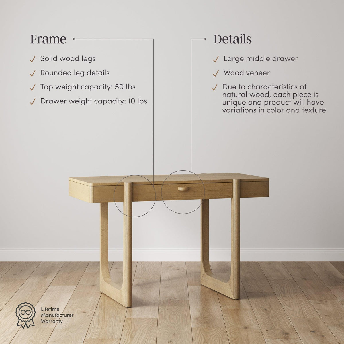 Nathan James Haley Mid Century Modern Home Office Desk, Solid Wood Writing Desk with Drawer and Rounded Legs, Light Brown