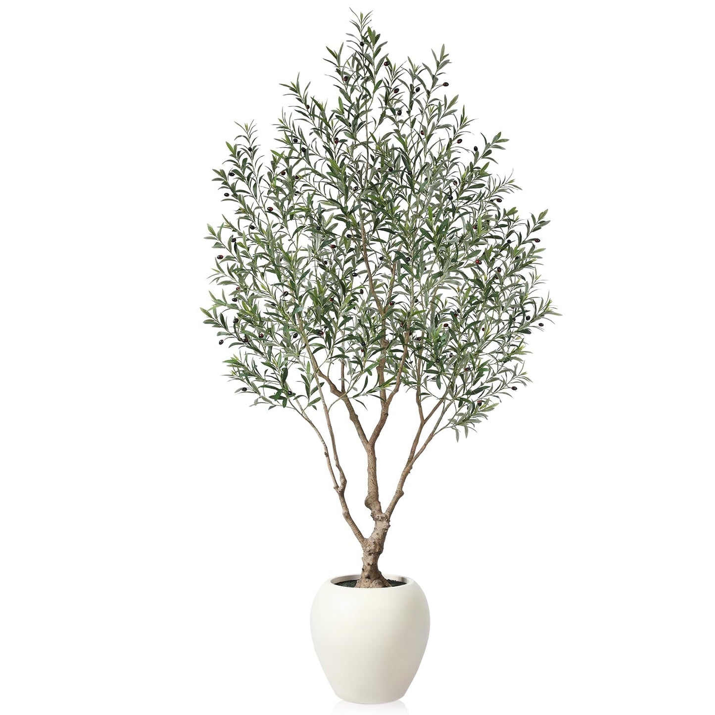 SOGUYI Olive Trees Artificial Indoor, 8 Feet Tall Faux Olive Tree with Round Artisan Planter, Premium Handmade, Realistic Trunk & Lifelike Leaves, Perfect for Large Spaces & Elegant Home/Office Decor