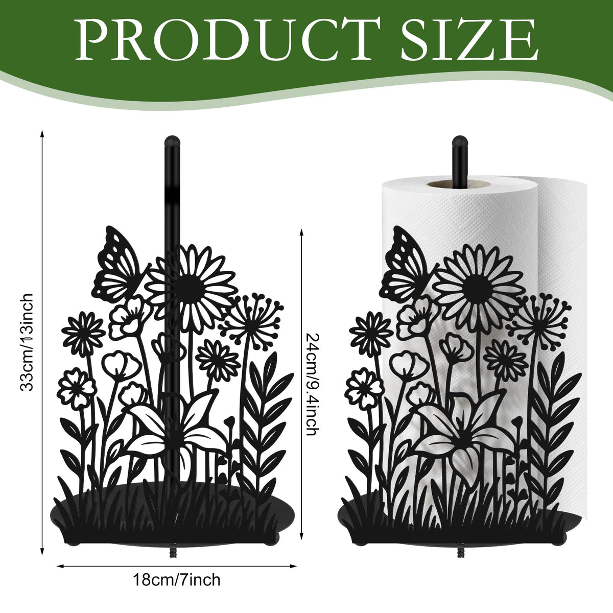 Yiyiring Wildflower Kitchen Countertop Paper Towel Holder Decorative Paper Towel Holder Black Metal Tissue Stand Kitchen Decor Accessories for Home Party Bathroom Countertop Dining Table