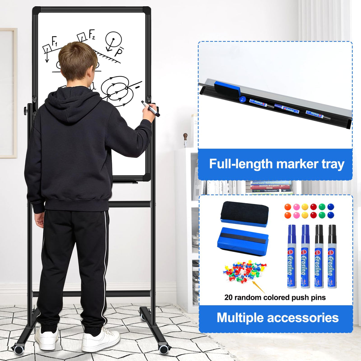 Max-officoo Double Sided Standing Corkboard and Magnetic White Board Dry Erase, 24"x36" Adjustable Height & Angle Mobile Whiteboard with Rolling Wheels