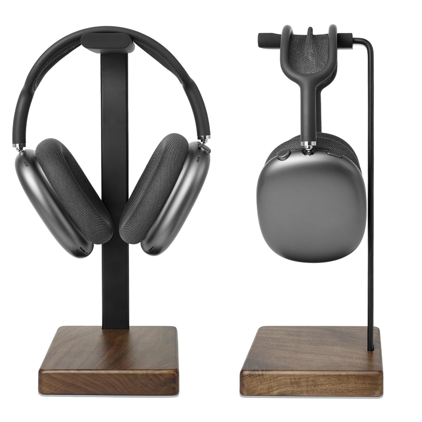 GEVO Headphone Stand Headset Holder - Headset Metal Mount Rack for Desk with Walnut Wooden Square Base for Gaming, AirPod Max, Bose, Sony, Razer, Jabra, JBL