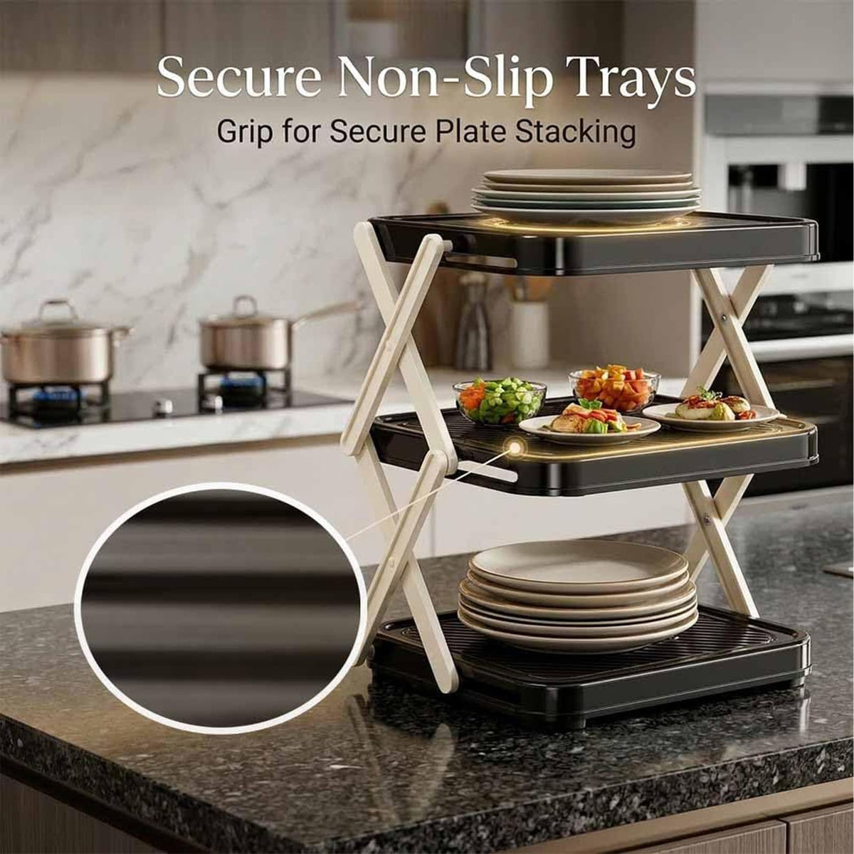 DFKSVCA Multi-Layer Dish & Prep Tray Storage Rack, Foldable 3-Tier Dish Rack with Removable Layers and Utensil Drying Holder, Compact Dish Organizer for Kitchen Counter, Parties and Picnics (Black)