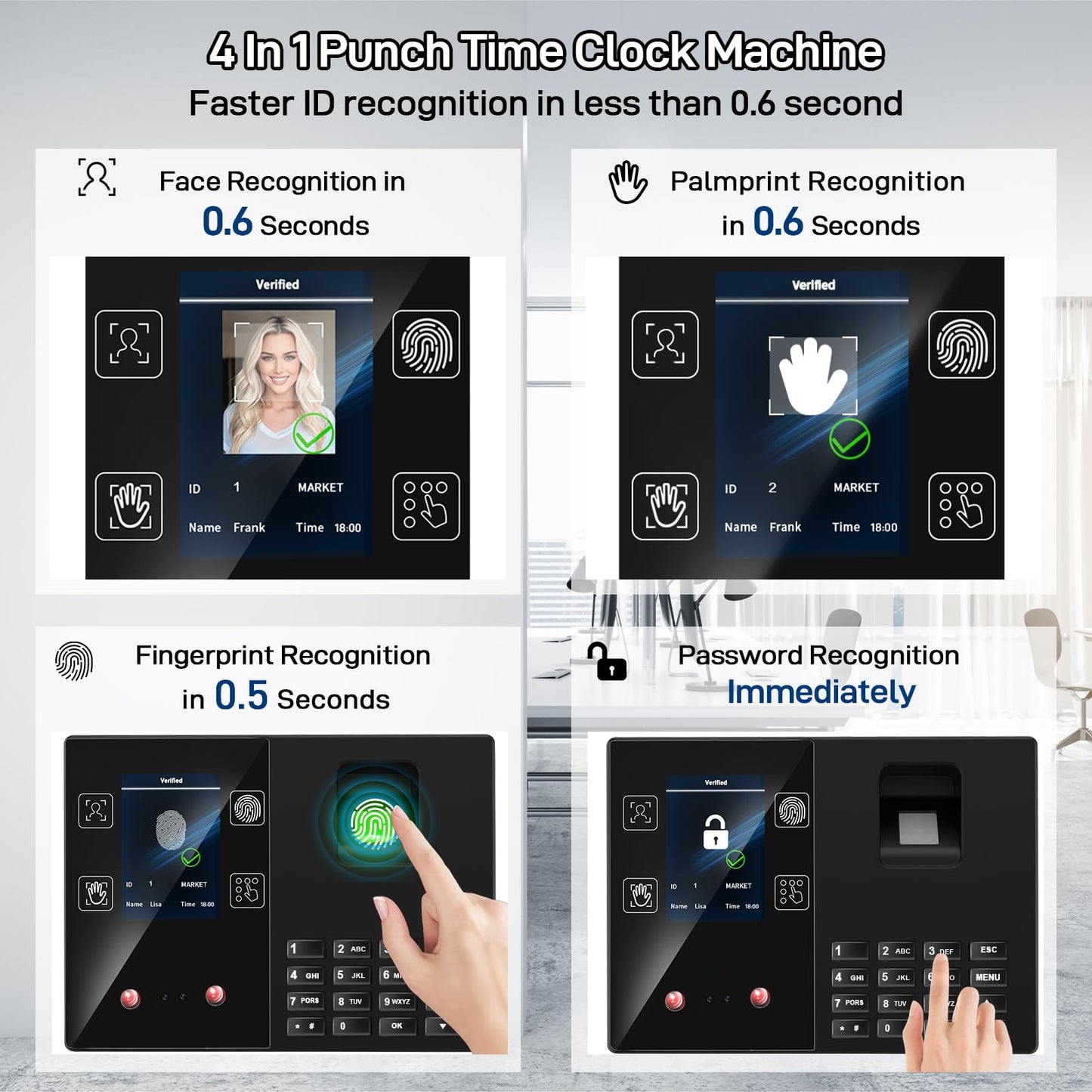 KUIIYER 4 in 1 Employees Time Clocks for Small Business (Face + Fingerprint + Palm Print + PIN) Employee Clock in & Out Machine Biometric Attendance Punch Clock Recorder Tracker (No Monthly Fee)
