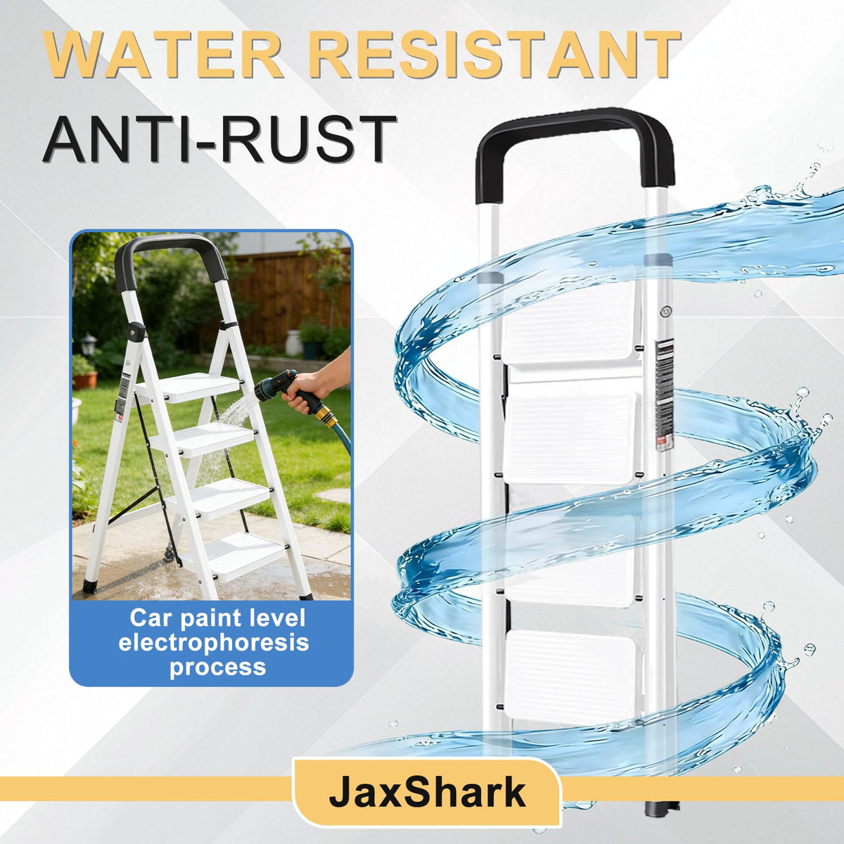 JaxShark 4 Step Ladder Folding Step Stool with Handrail 500LBS Capacity Sturdy Carbon Steel Frame Anti-Slip Pedal & Feet Portable for Home Kitchen Garage Bathroom (white-4step)