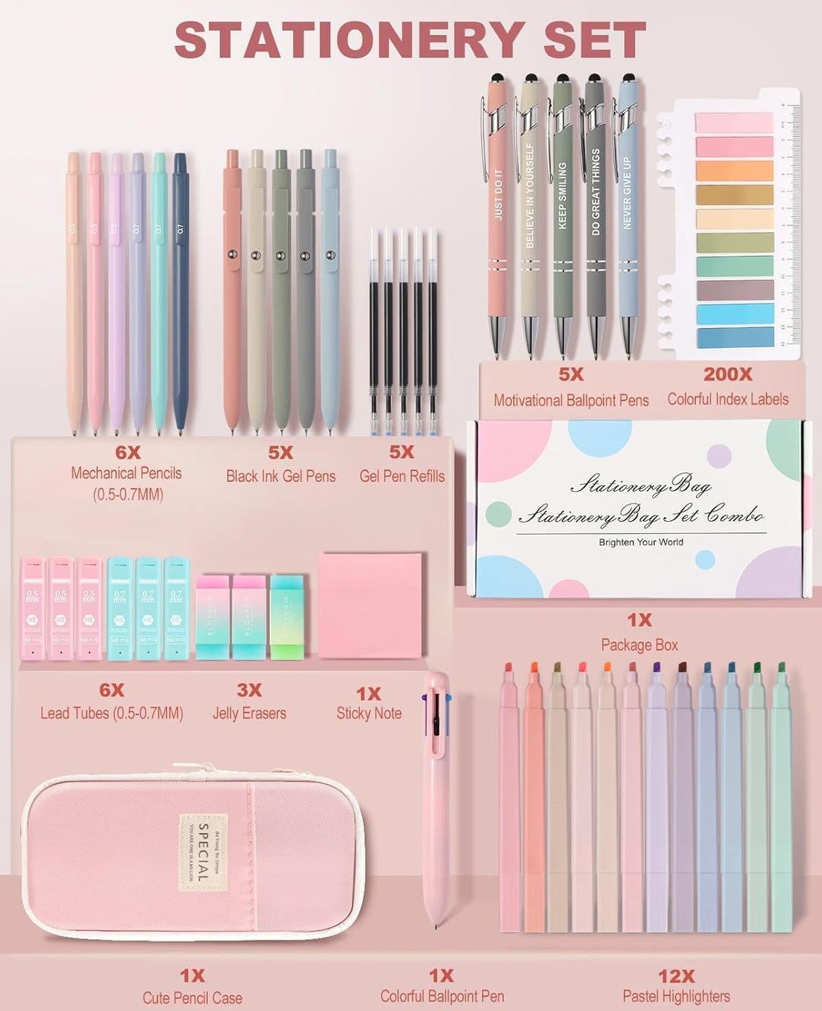 56 PCS Aesthetic School Supplies with Large Pencil Case, 5 Inspirational Ballpoint Pens, 12 Pastel Highlighters, 5 Black Ink Gel Pens, 6 Mechanical Pencils 0.5-0.7mm College Student Essentials (Pink)