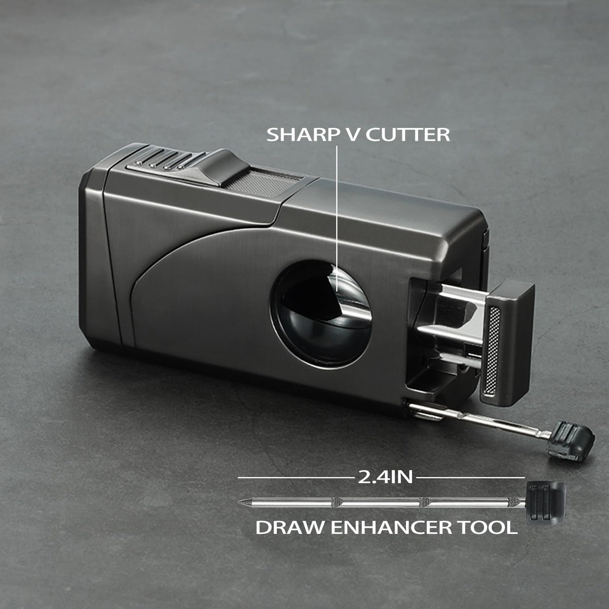 All in One Triple Jet Flame Butane Torch Lighter Built-in Cutter, Cutter V Cut, Punch, Holder Function, Draw Enhancer Tool, Refillable Windproof Gas Lighter, Mens Gifts. Grey(Sold Without Gas) ﻿