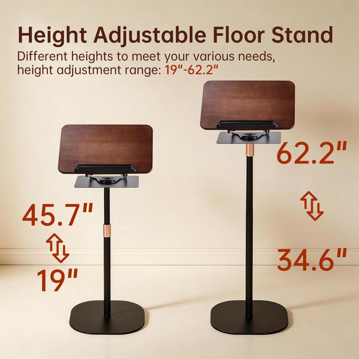 2-in-1 Floor & Desktop Book Stand, Dual-Use Height Adjustable 19"-62.2", Reading Stand Holder with 360° Rotating Base & Page Clips for Music Sheet, Laptop, Podium, Cookbook, Projector, 100% Solid Wood