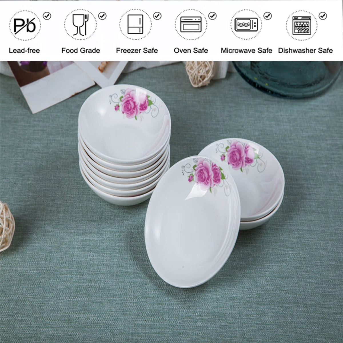4-Pack Flower Pattern Ceramic Saucer Dishes, 4-Inch Side Dishes for Sushi, Snack, and Seasoning