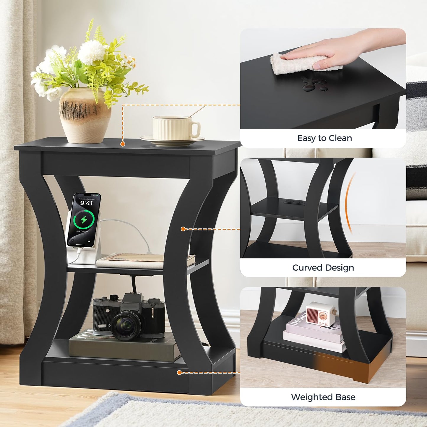MAHANCRIS Black End Table with Charging Station, Skinny Side Table with USB Ports and Outlets, Nightstand, 3 Tier Bedside Table with Storage Shelf for Living Room, Bedroom, Small Space ETBK53E01