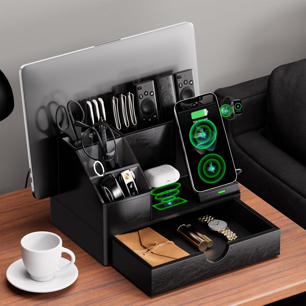 Black PU Leather Multi-Device Charging Station with Drawer - 6-in-1 Desktop Organizer for Phone, iPad, Tablet, Laptop, Watch, Headphones - Electronics Docking Hub & Storage Box for Office Home (Black)