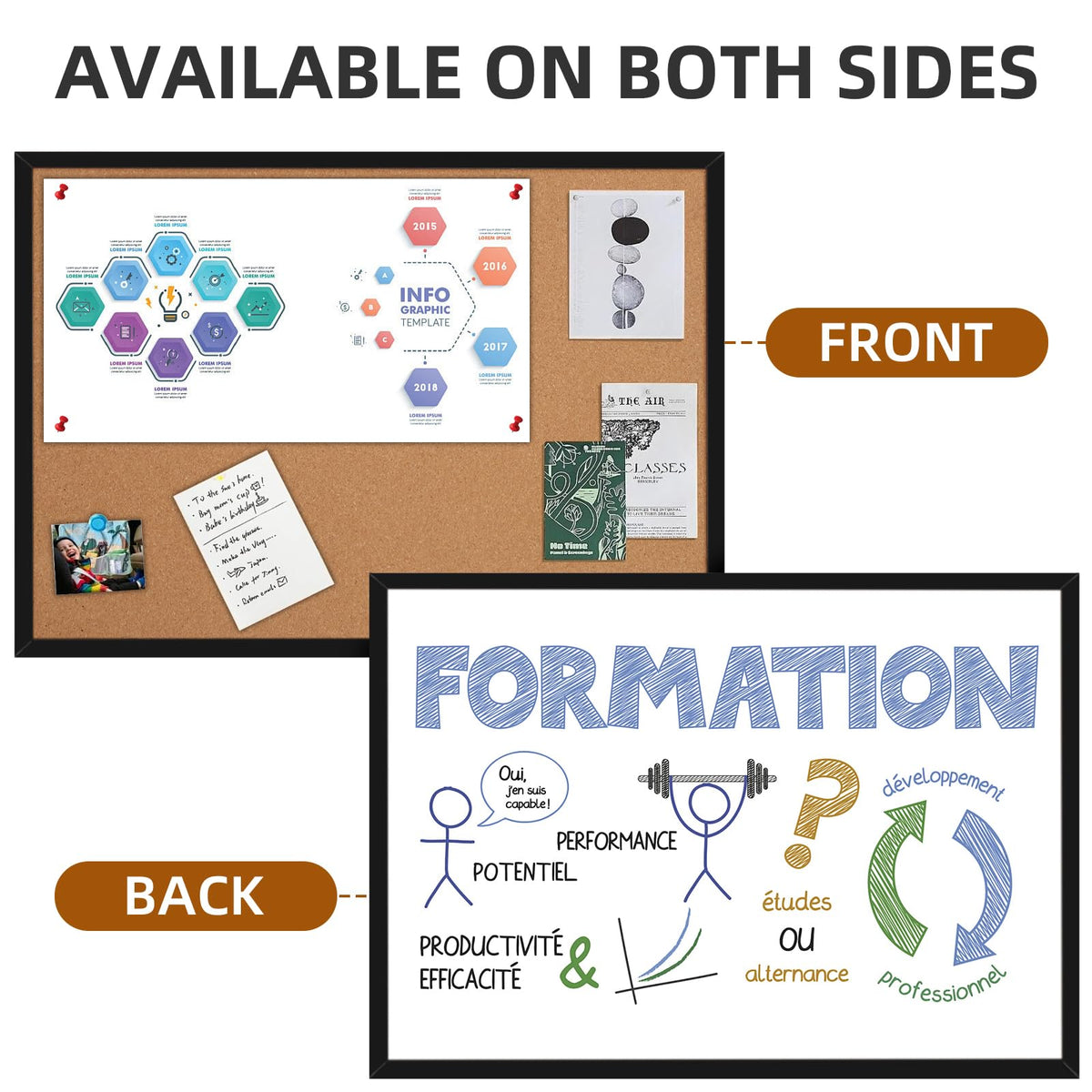 20” x 28” Cork Boards for Walls with Black Wooden Frame 1pack, Whiteboard and Cork Board Combo Double Sided Office Board for Wall Organizer, Bulletins Board Hanging Pin Board for School Home Office