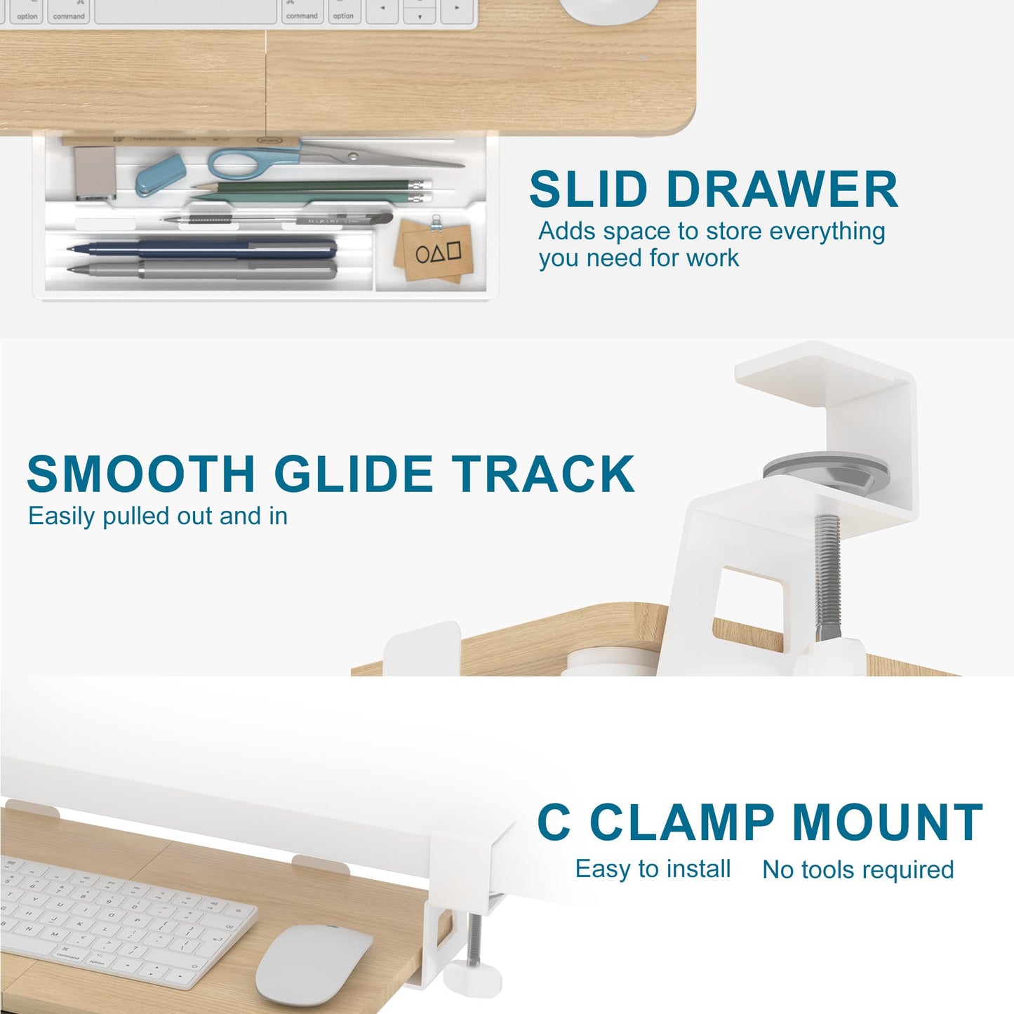 ETHU Keyboard Tray Under Desk, 19.7" X 11.81" Small Size Keyboard Drawer with C Clamp-on Mount Easy to Install, Computer Keyboard Stand Slide Pull Out, Ergonomic Keyboard Tray for Home & Office, Oak
