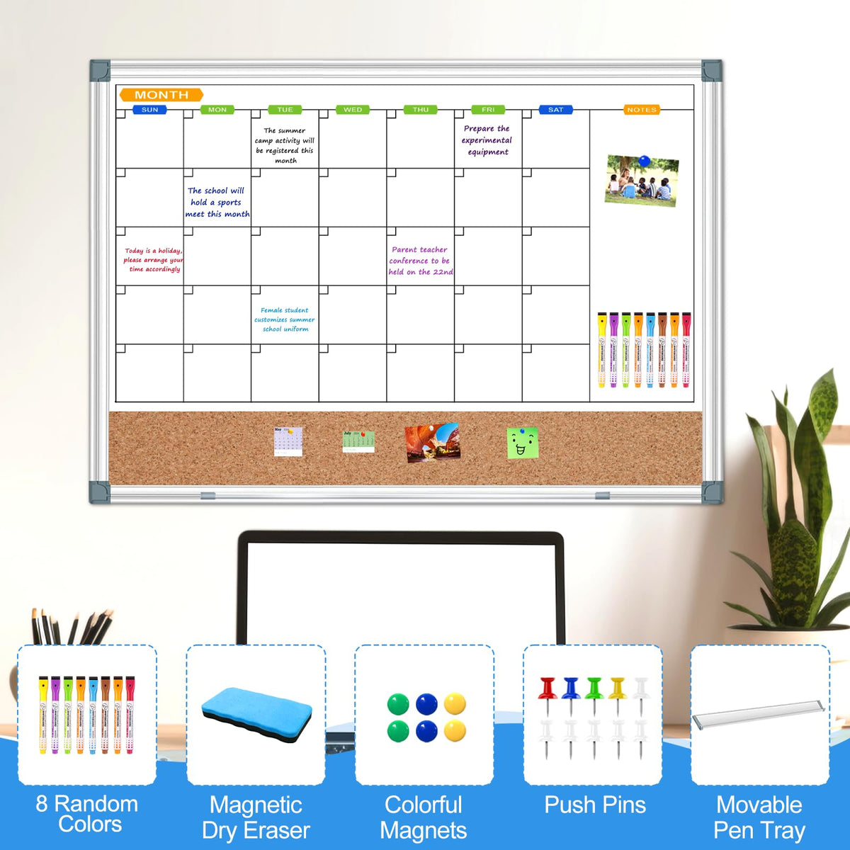 CALENBO Calendar Whiteboard Corkboard Combination for Wall, Double-Sided 24" x 18" Monthly Whiteboard Calendar and Dry Erase Board for Office, Kitchen, Planning, Memo, School, Home