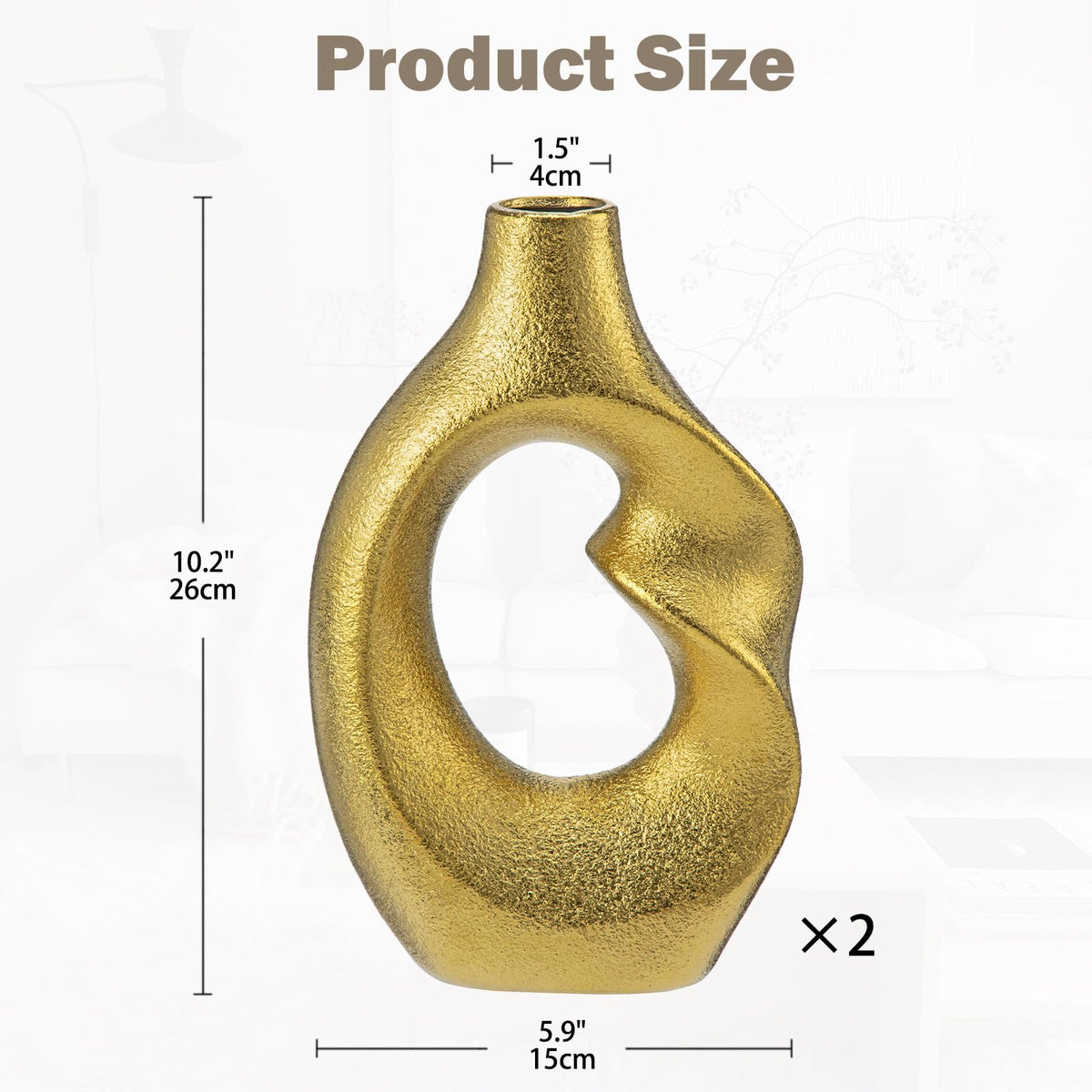 Gold Donut Vase Set of 2 - Modern Ceramic Vases for Centerpieces, Shelf, Entryway, Coffee Table & Living Room Decor
