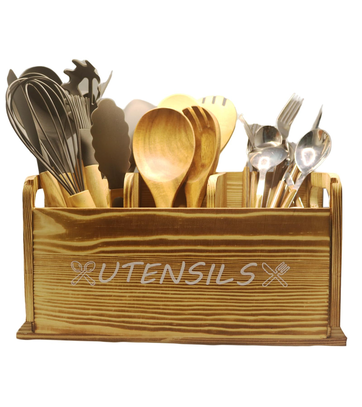 ST-BEST-P Utensil Holder Rustic Wood White Large Farmhouse Spatula Organizer for Kitchen counter Farmhouse,Countertop,Cooking Tools Storage (Wood)