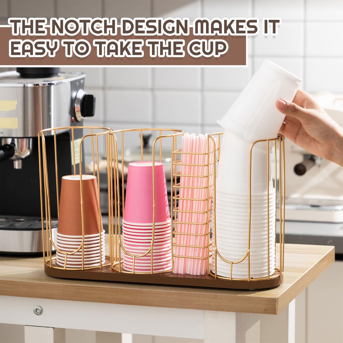 Geelin 18oz Adjustable Coffee Cup Dispenser, Cup Holder Organizer for Storing Paper Cups, Straws, Lids and Disposable Tableware(4-compartment Single Layer,Brown and Gold)