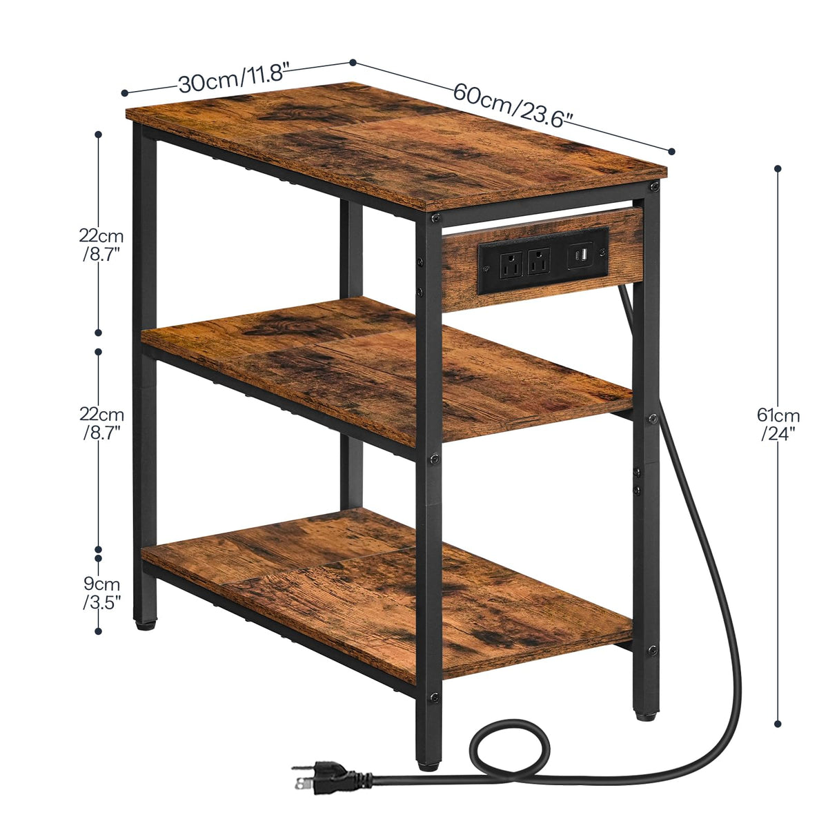 HOOBRO End Table with Charging Station, Simple Rustic Side Table with 3-Tier Storage Shelf, Narrow Nightstand for Small Spaces, for Living Room, Industrial Design, Rustic Brown and Black BF149UBZ01