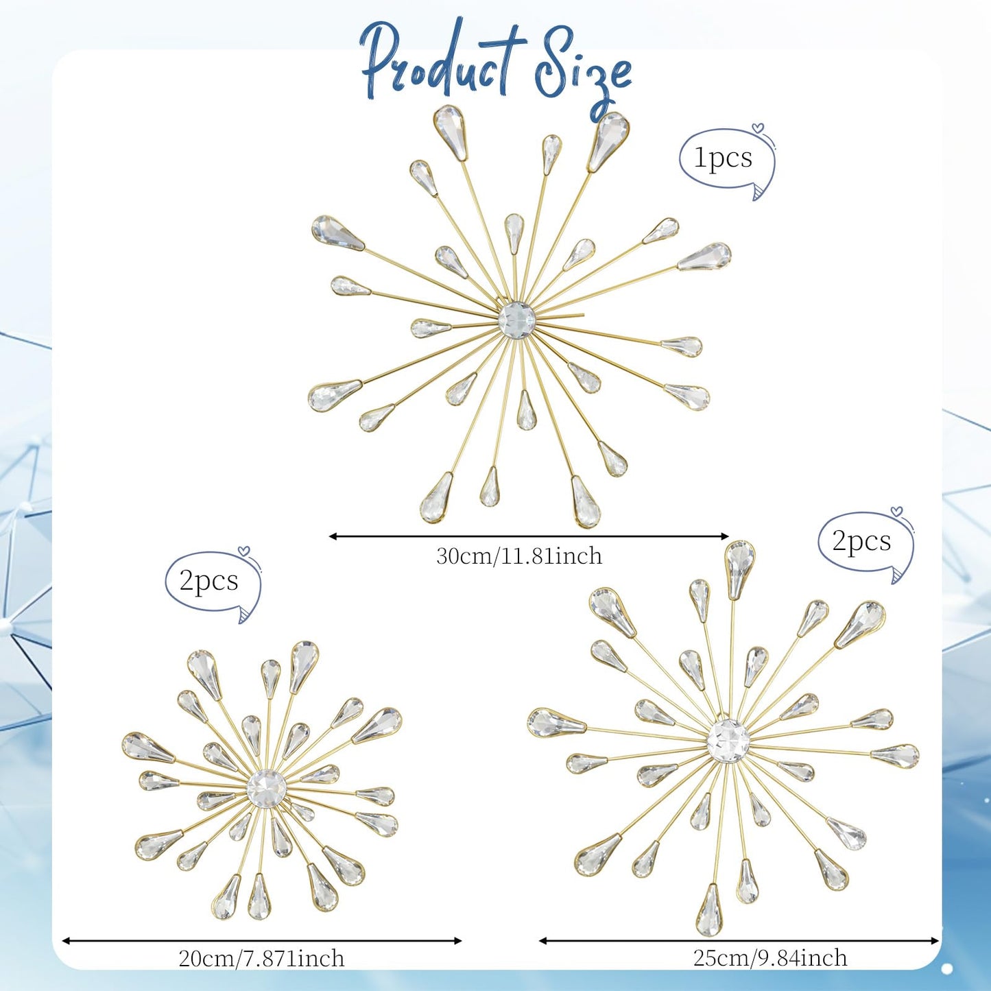 PEDOBALI 5 Pcs Starburst Wall Decor Radial Metal Artwork Gold Bling Wall Art Crystal Teardrop Modern Accent Sculptures Decorations 3D Hanging Rhinestone for Office Home Living Room Bedroom