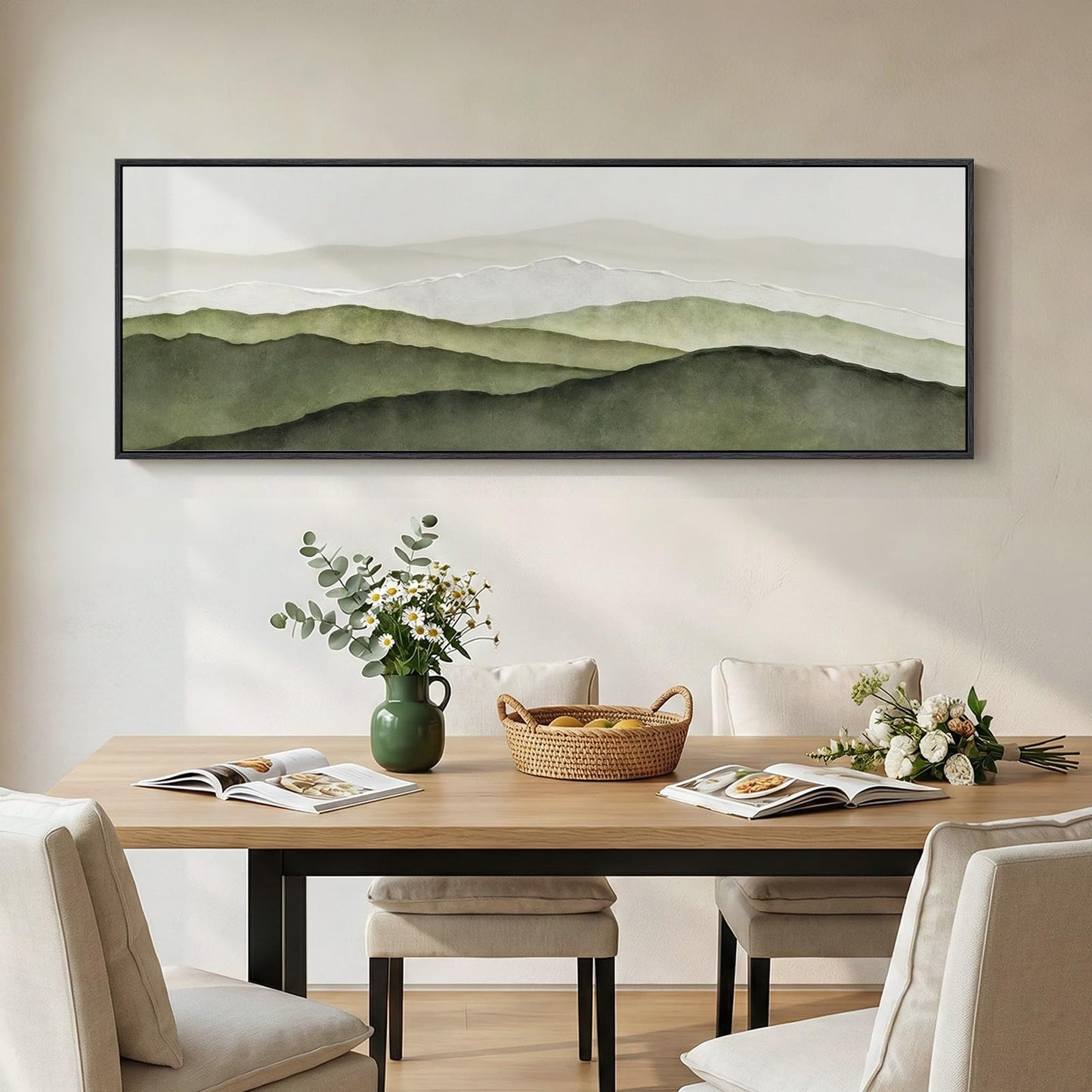 Large Framed Green Abstract Mountain Wall Art for Living Room, Long Narrow Modern Landscape Canvas Prints Paintings for Walls, Horizontal Nature Pictures Wall Decor for Bedroom Dinning Room, 20x60 In