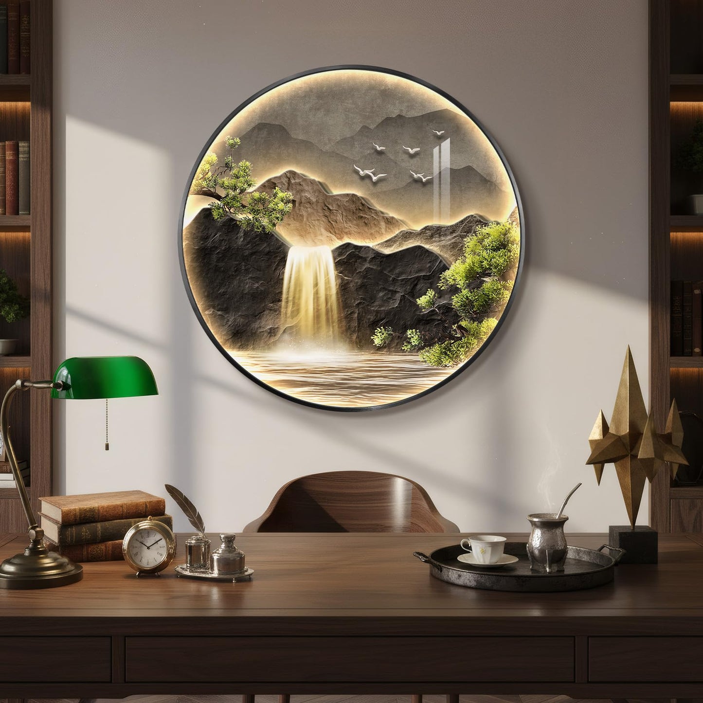 Large LED Mountain Waterfall Wall Art for Living Room, Framed Round Modern Lighted Landscape Picture Artwork for Walls, Backlit Nature Wall Decor for Hallway, Dining Room, Entryway, Office, 30x30 Inch