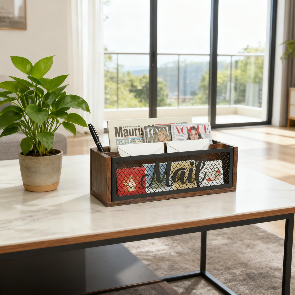Mail Organizer Countertop, Rustic Farmhouse 2-Slot Wood & Iron Mail Holder, Retro Wall Mounted or Desk Entryway Letter Bill Envelope Sorter, No Assembly